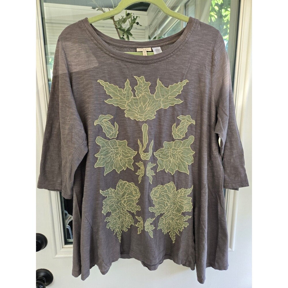 LOGO Lavish by Lori Goldstein A-line Tunic Gray Brown Embroidered Green XL